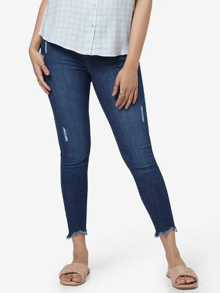 LOV Dark Blue Distressed Jane Cropped Jeans