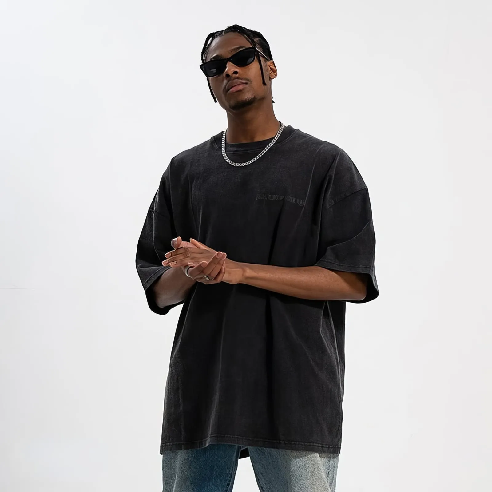 Matte Black Foaming Letter Print Oversized T-Shirt