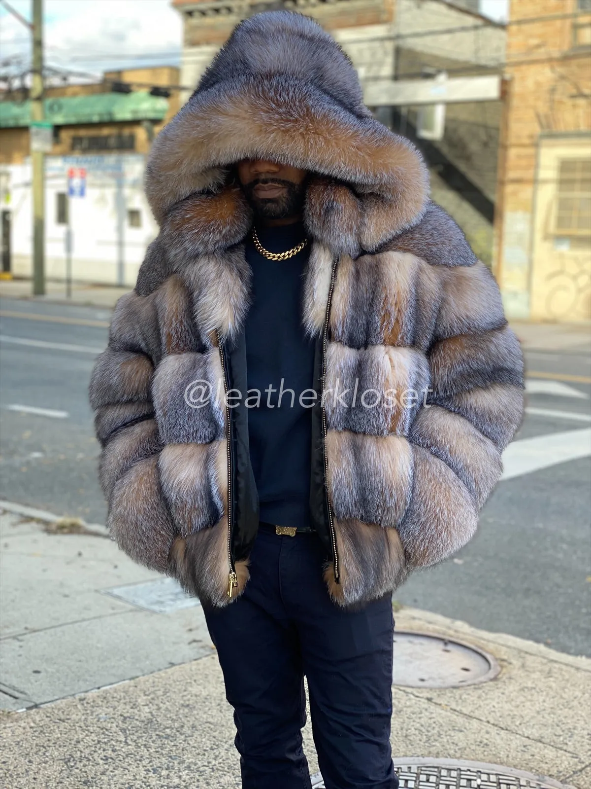 Mens Fox Bomber Fur With Hood