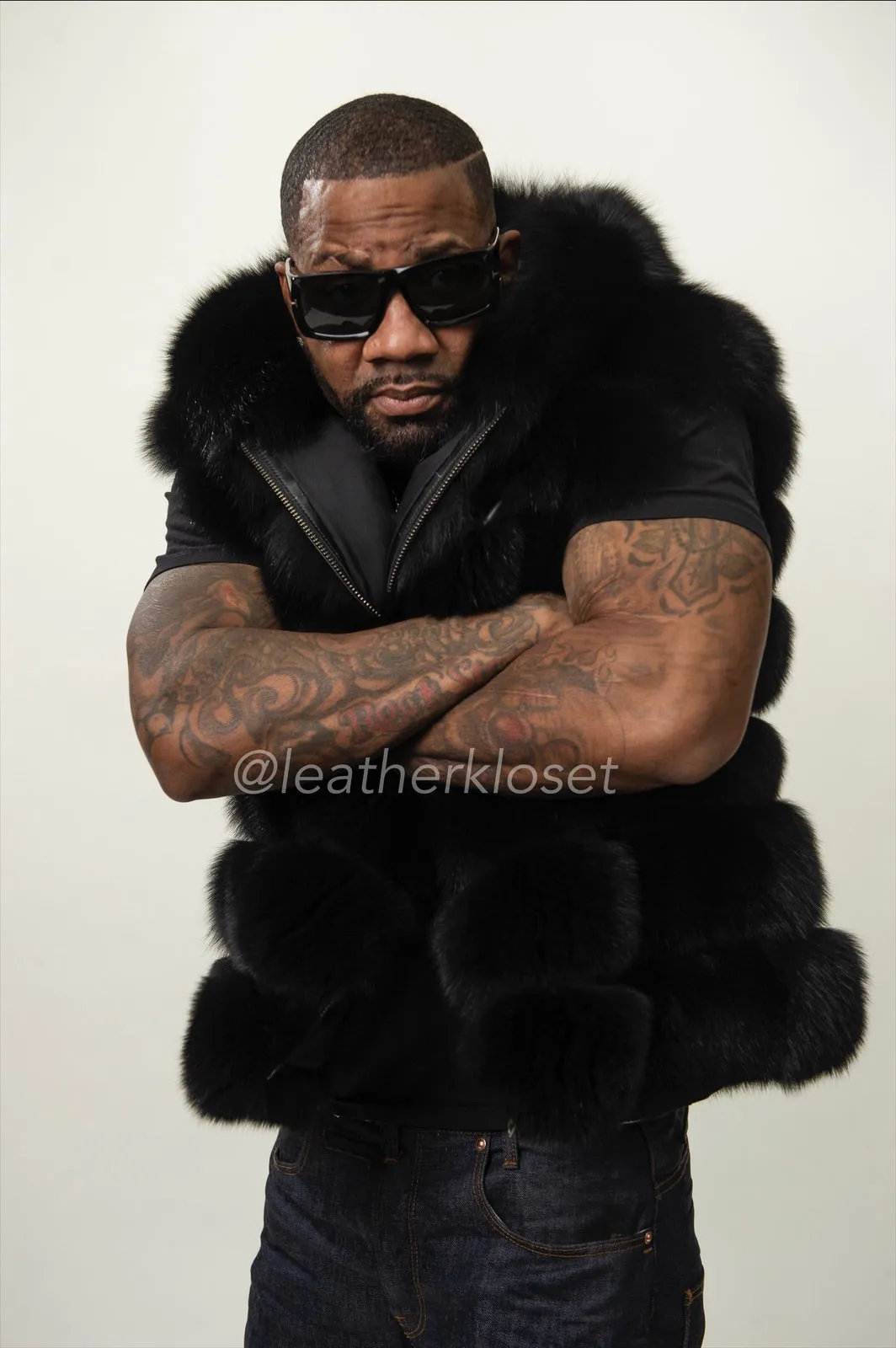 Men's Fox Fur Vest Black With Hood