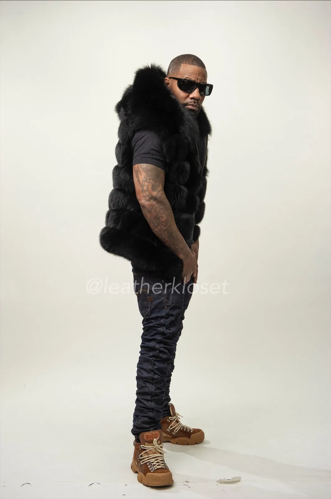 Men's Fox Fur Vest Black With Hood