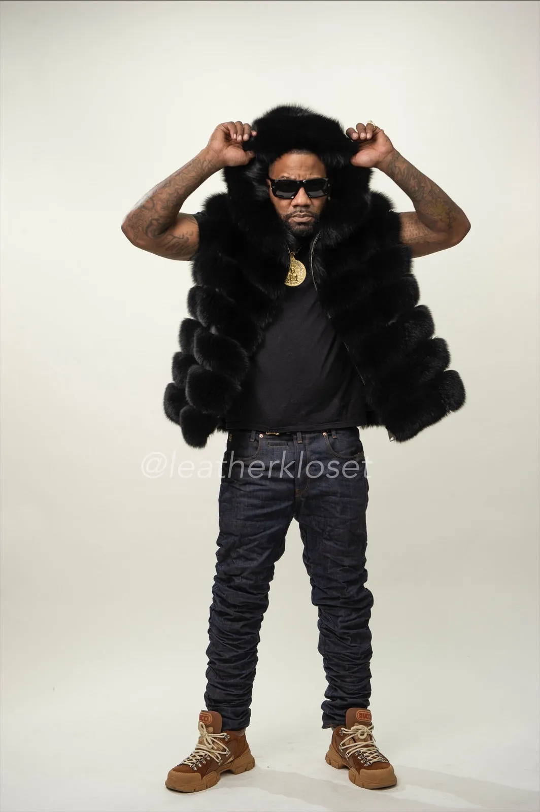 Men's Fox Fur Vest Black With Hood