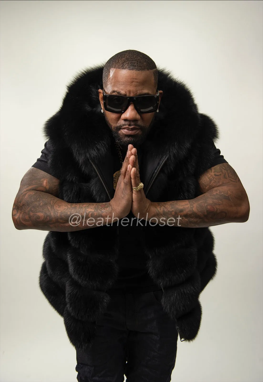 Men's Fox Fur Vest Black With Hood
