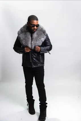 Men's Jay Biker Black With Full Fox Fur Collar [Silver]