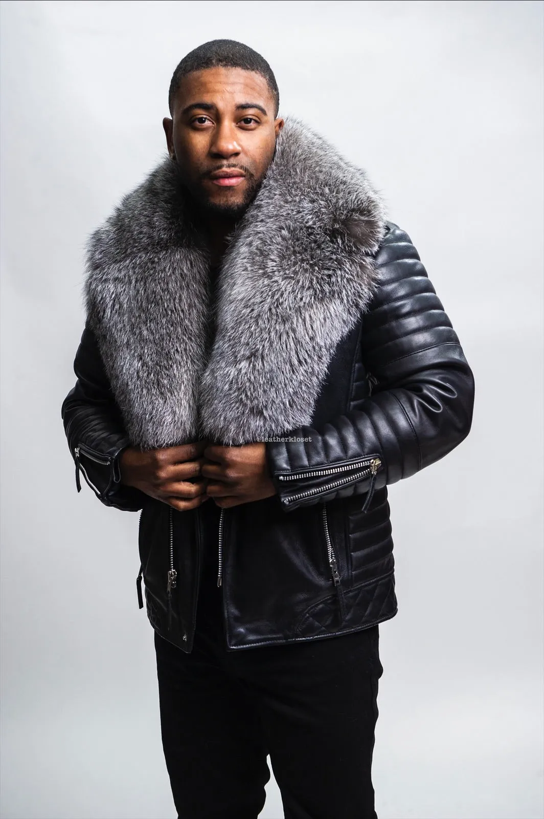 Men's Jay Biker Black With Full Fox Fur Collar [Silver]