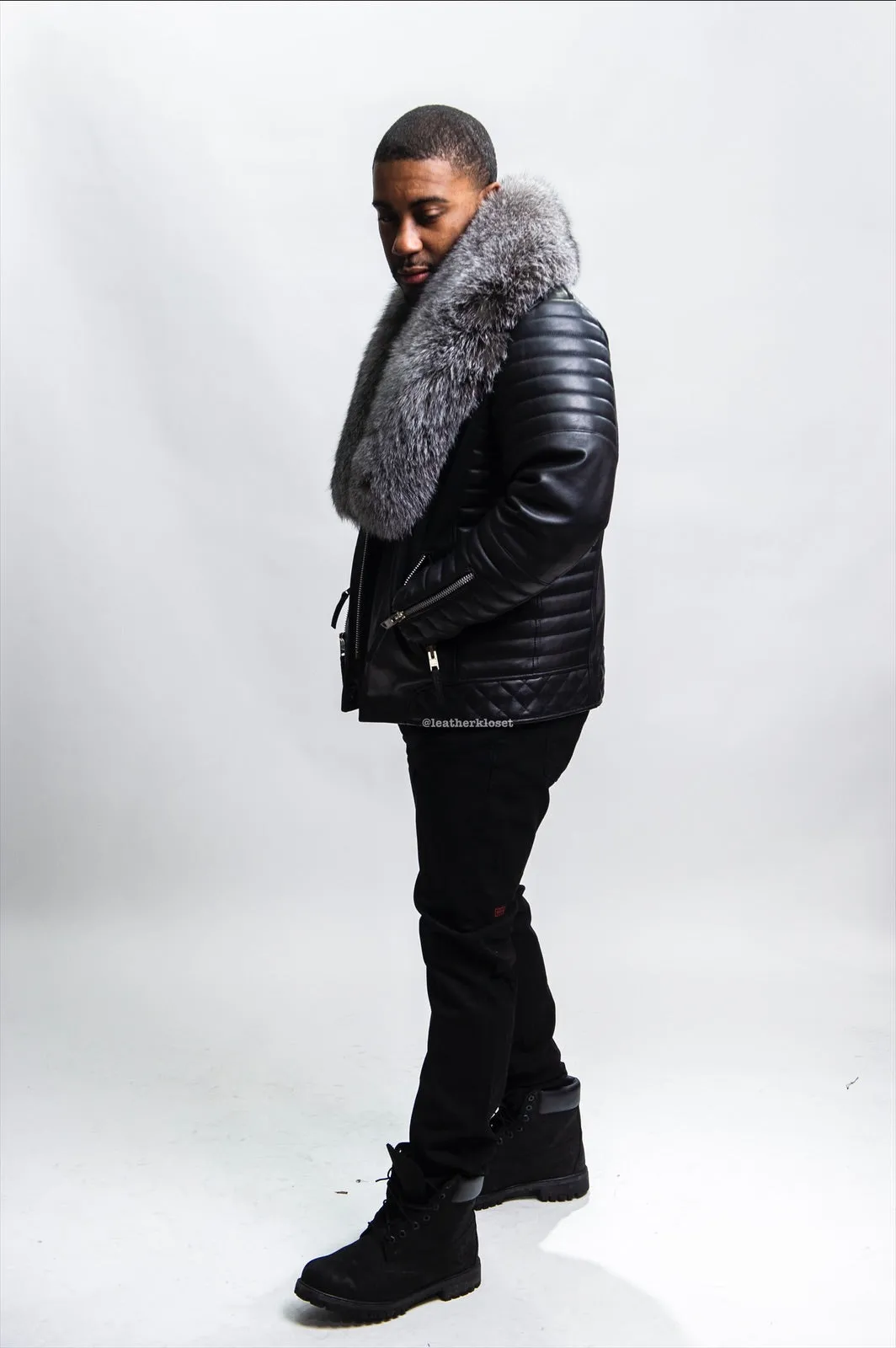Men's Jay Biker Black With Full Fox Fur Collar [Silver]