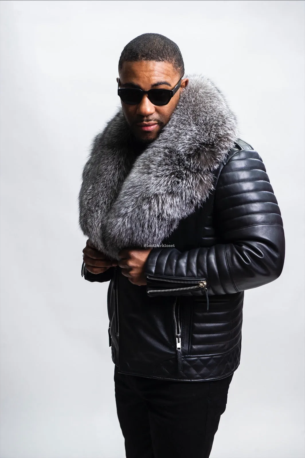 Men's Jay Biker Black With Full Fox Fur Collar [Silver]