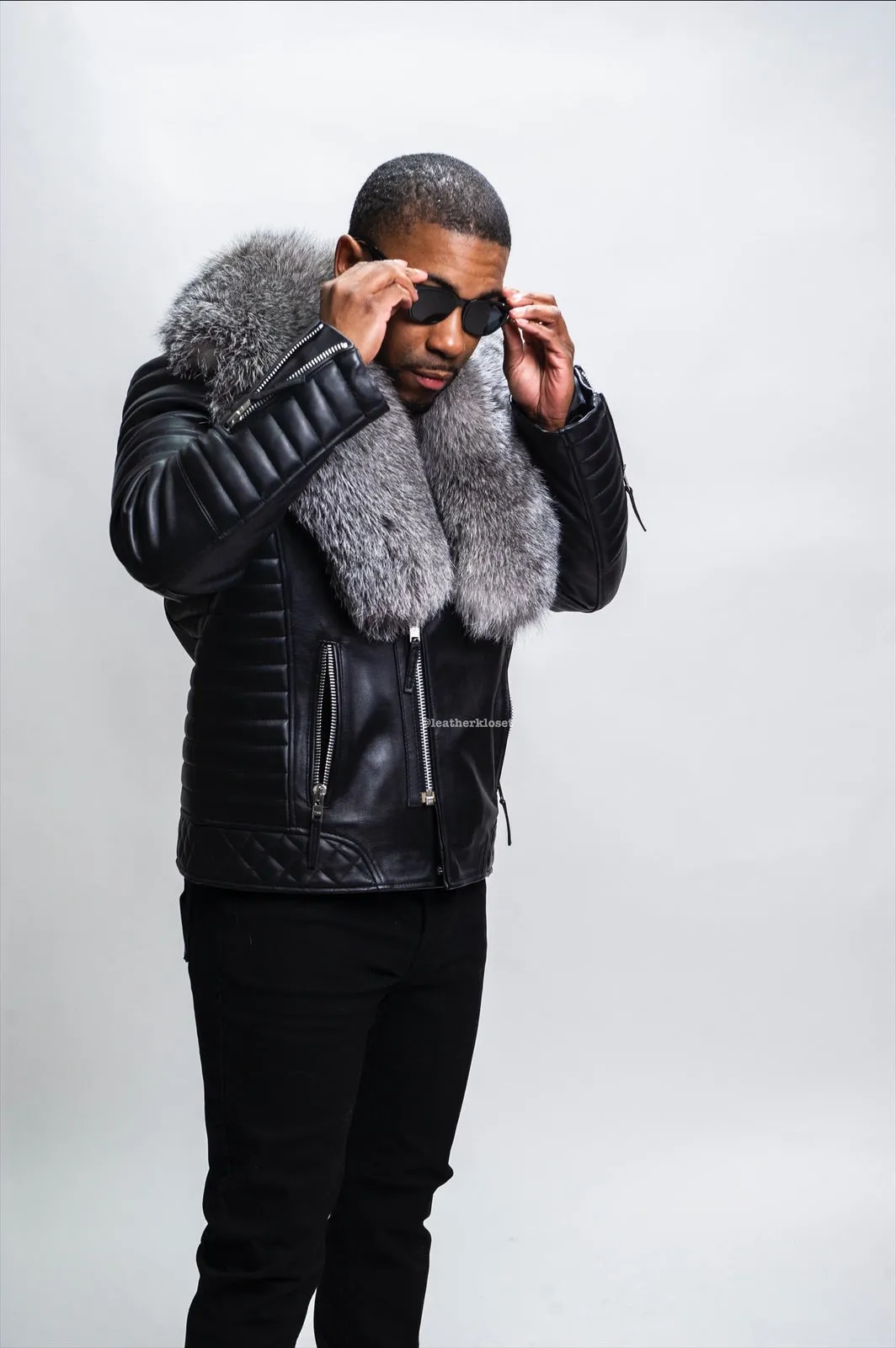 Men's Jay Biker Black With Full Fox Fur Collar [Silver]