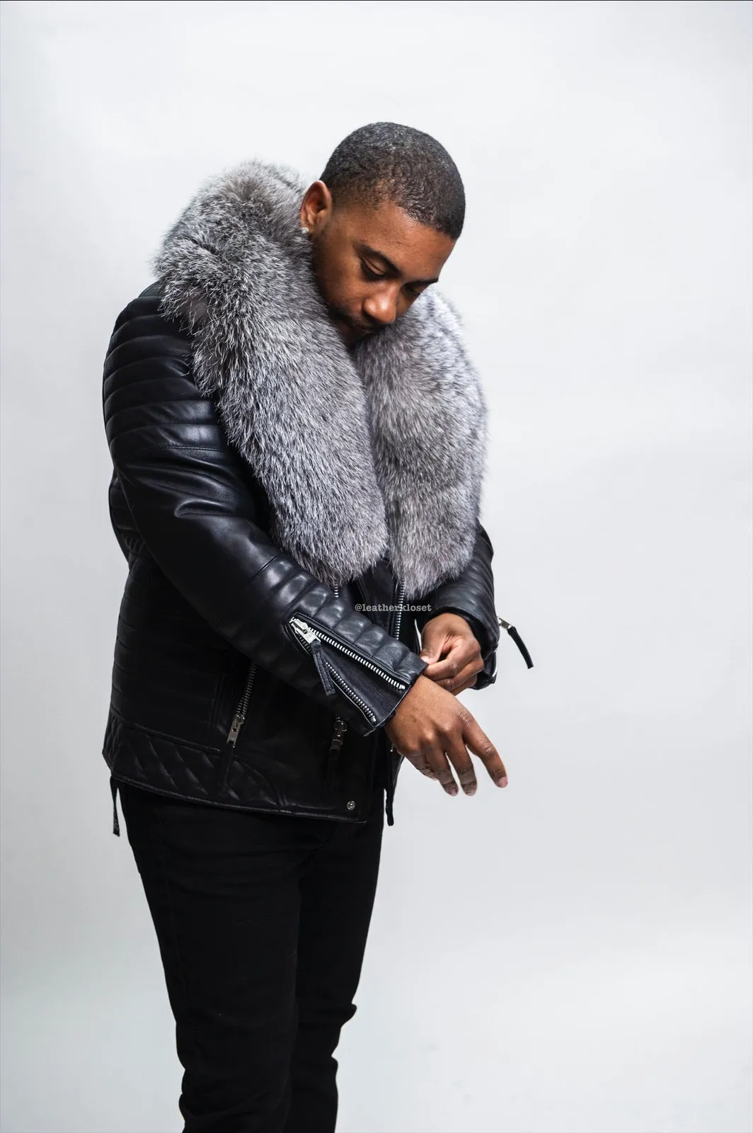 Men's Jay Biker Black With Full Fox Fur Collar [Silver]