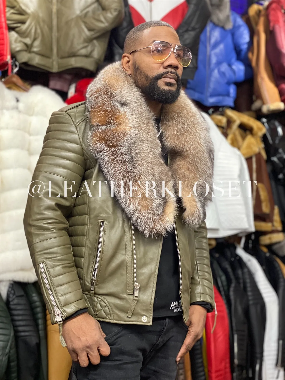 Men's Jay Biker Olive Green With Full Fox Fur Collar