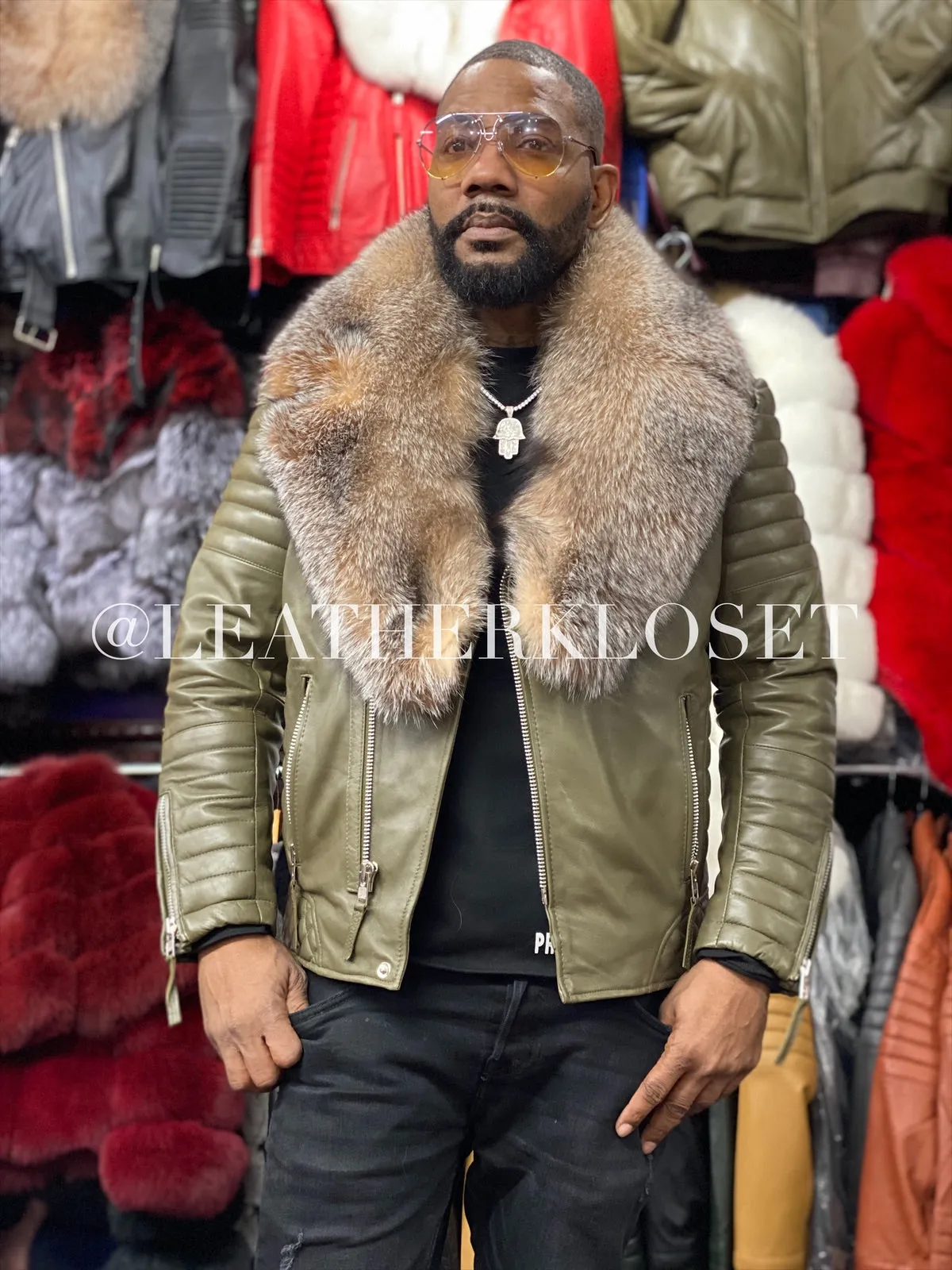 Men's Jay Biker Olive Green With Full Fox Fur Collar