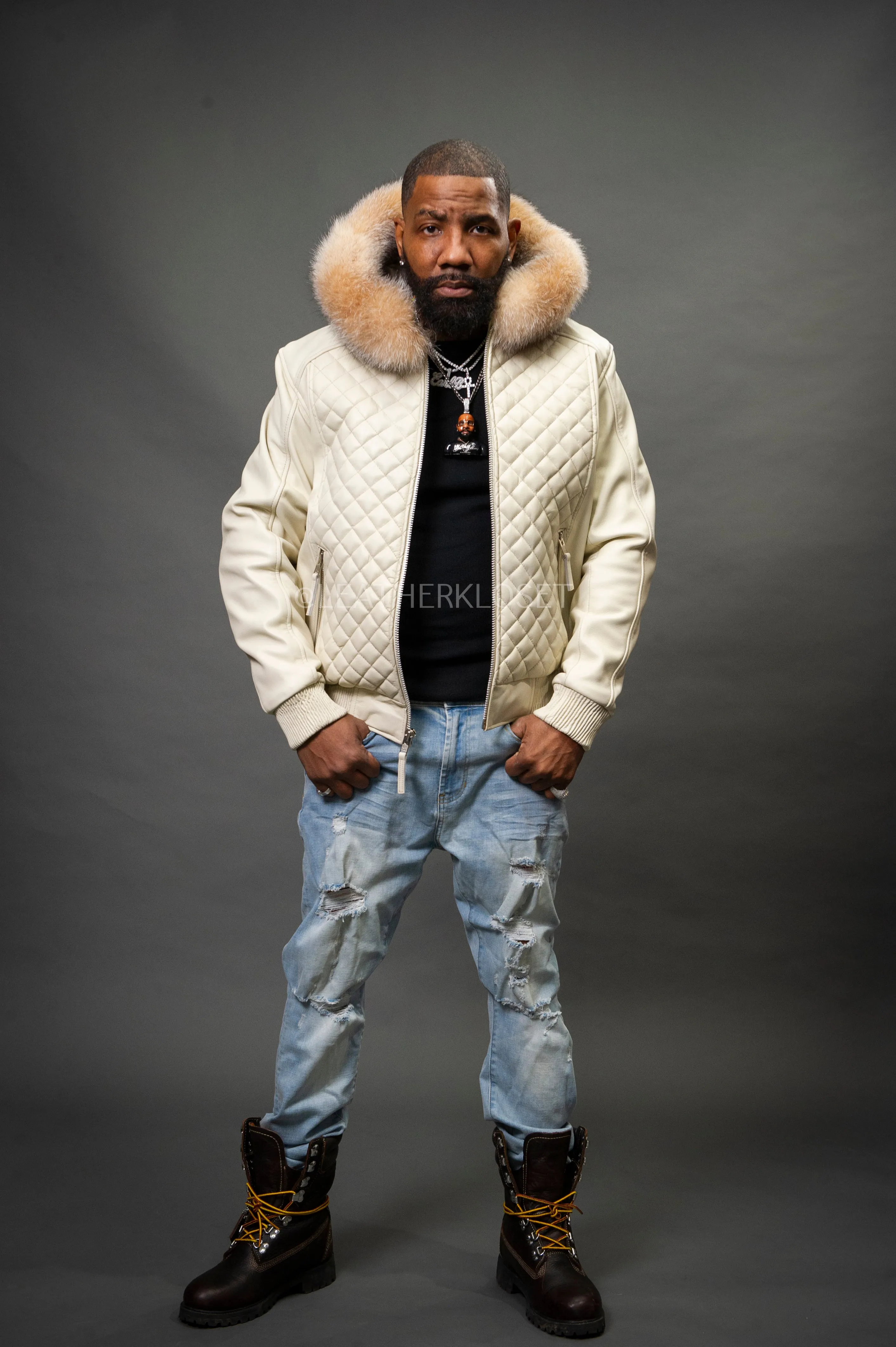 Men's Lucas Quilted Leather Bomber Jacket With Fox Hood [Crystal Fox]