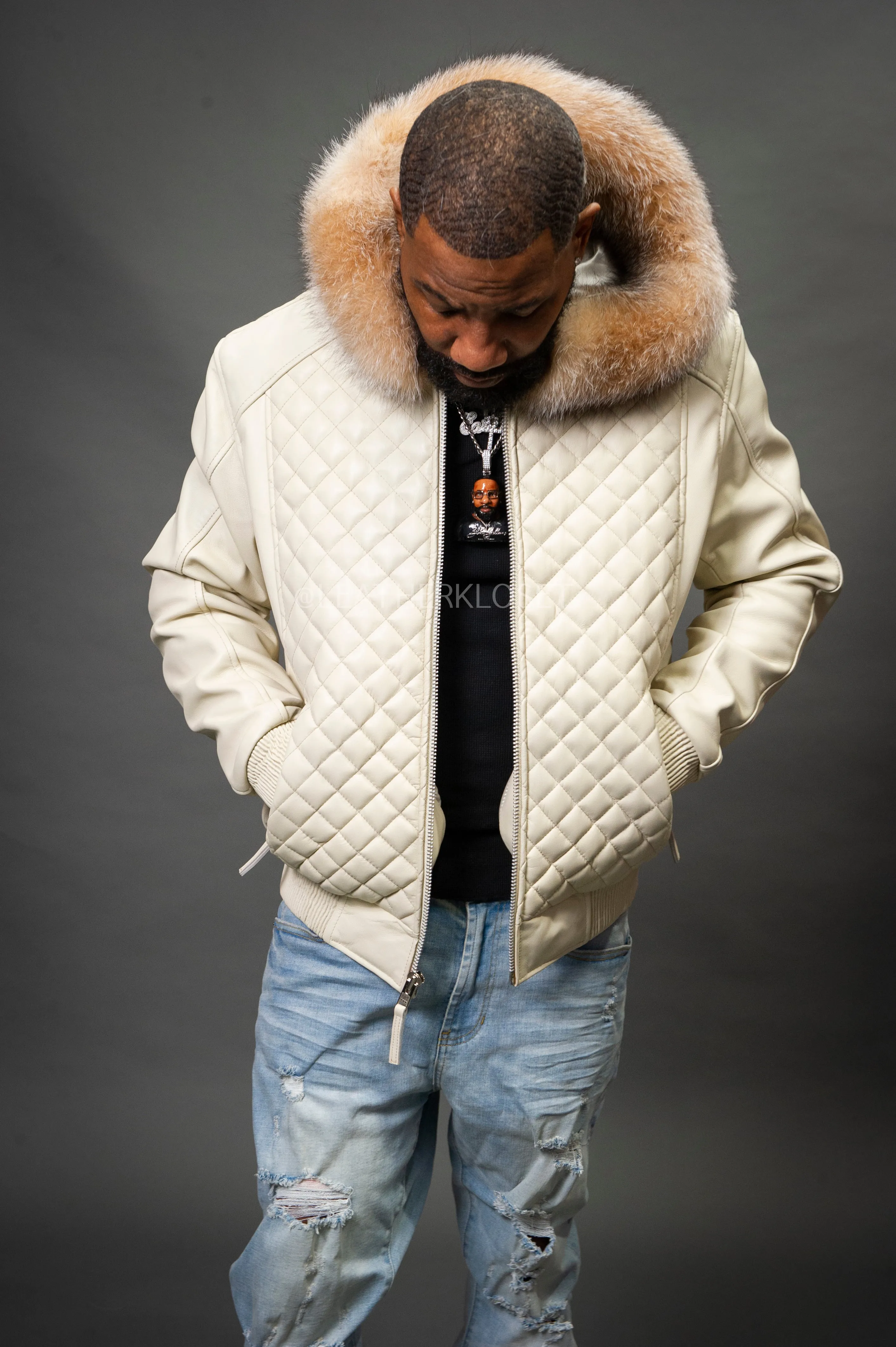 Men's Lucas Quilted Leather Bomber Jacket With Fox Hood [Crystal Fox]