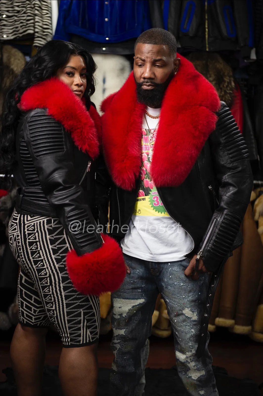 Men's Trey Biker Black Full Fox Fur [Black and Red]