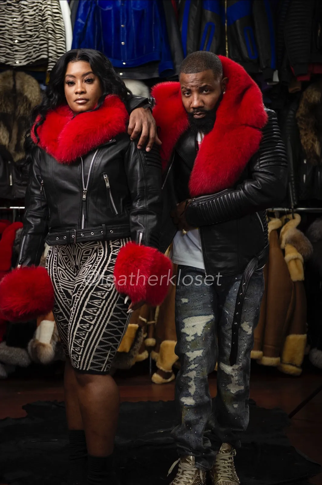 Men's Trey Biker Black Full Fox Fur [Black and Red]
