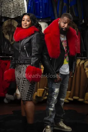 Men's Trey Biker Black Full Fox Fur [Black and Red]
