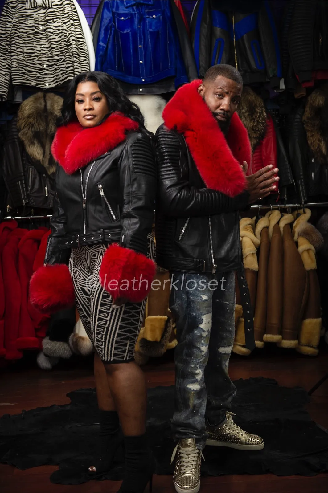 Men's Trey Biker Black Full Fox Fur [Black and Red]