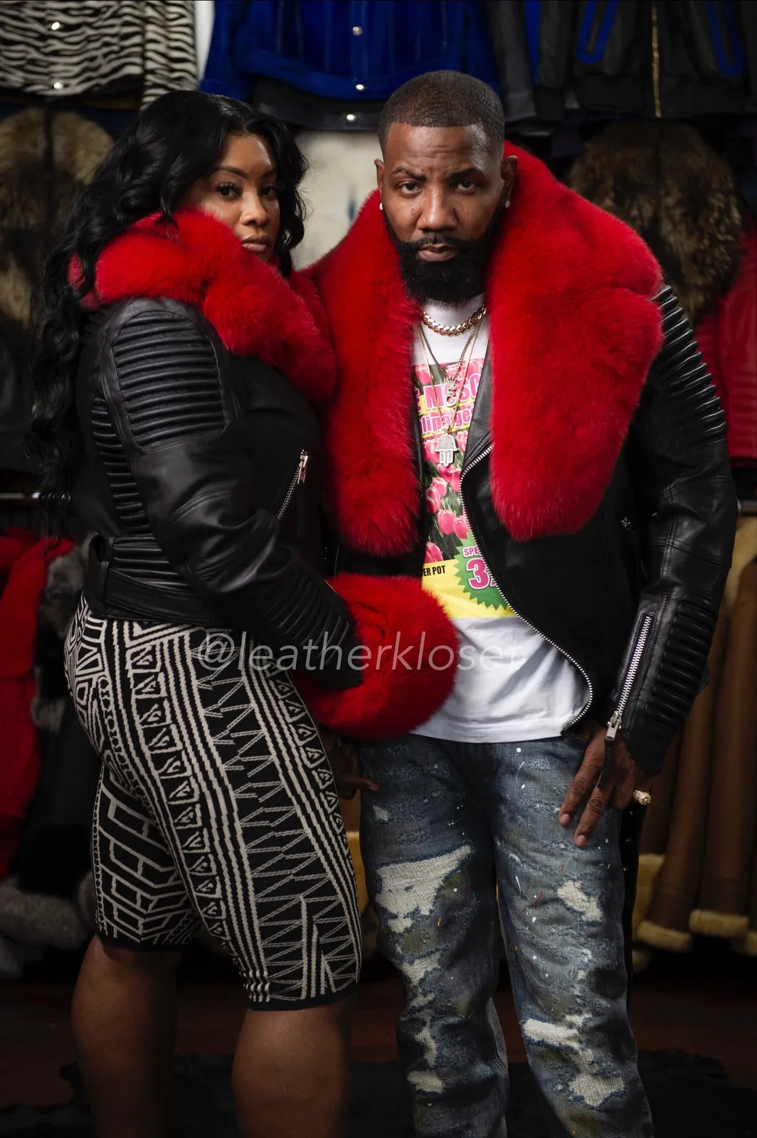 Men's Trey Biker Black Full Fox Fur [Black and Red]