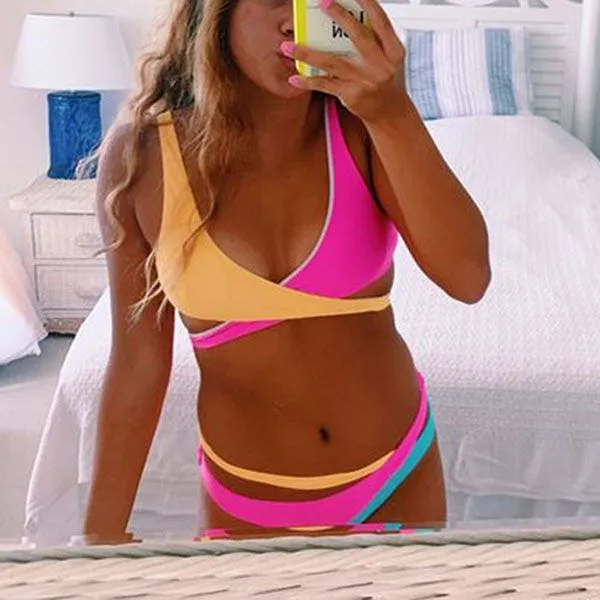Multiway Rainbow Colorblock Criss Cross Lace Up Wrap Tie Bikini
