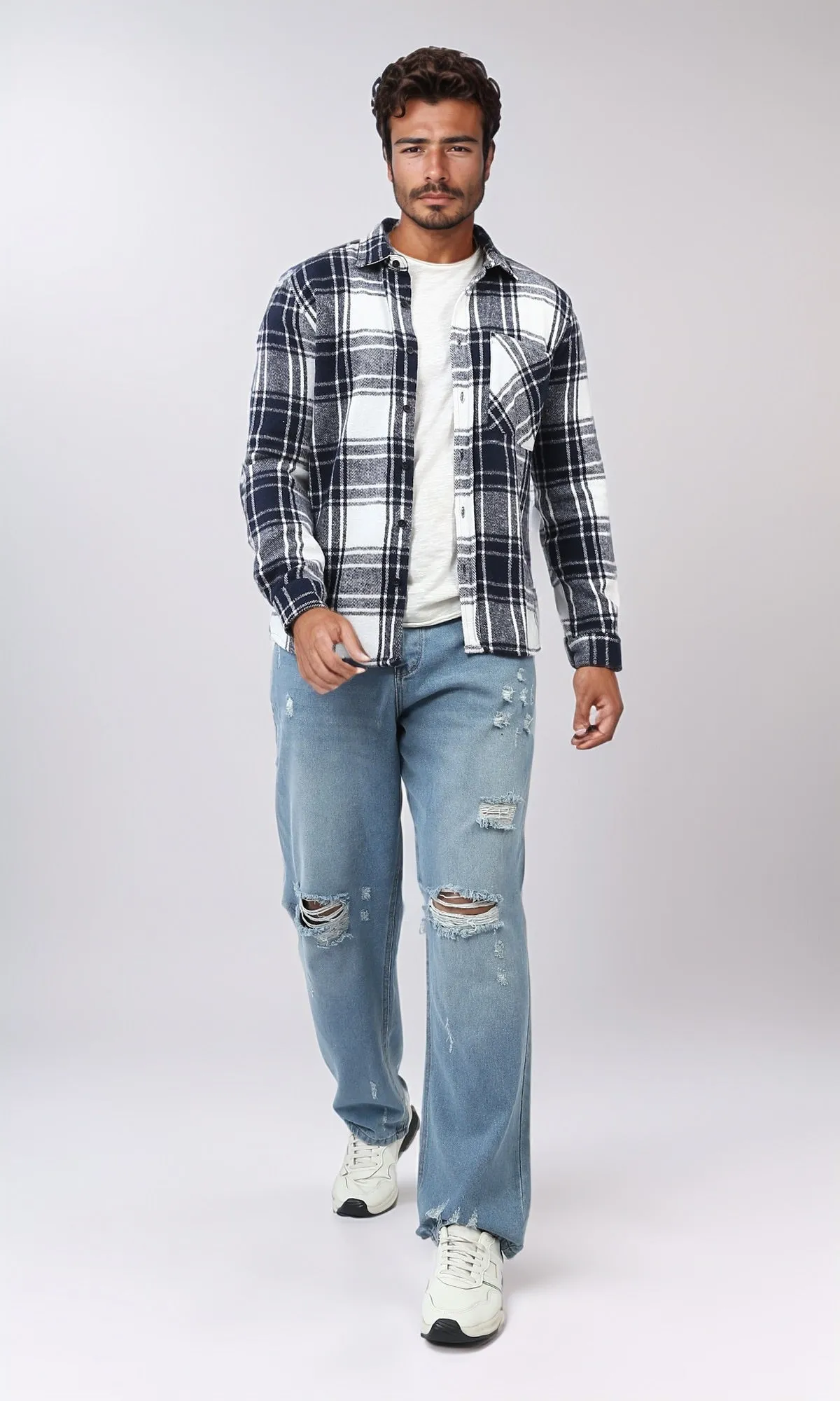 o200602 - Cotton Checkered Side Left Pocket Shirt - Navy & White