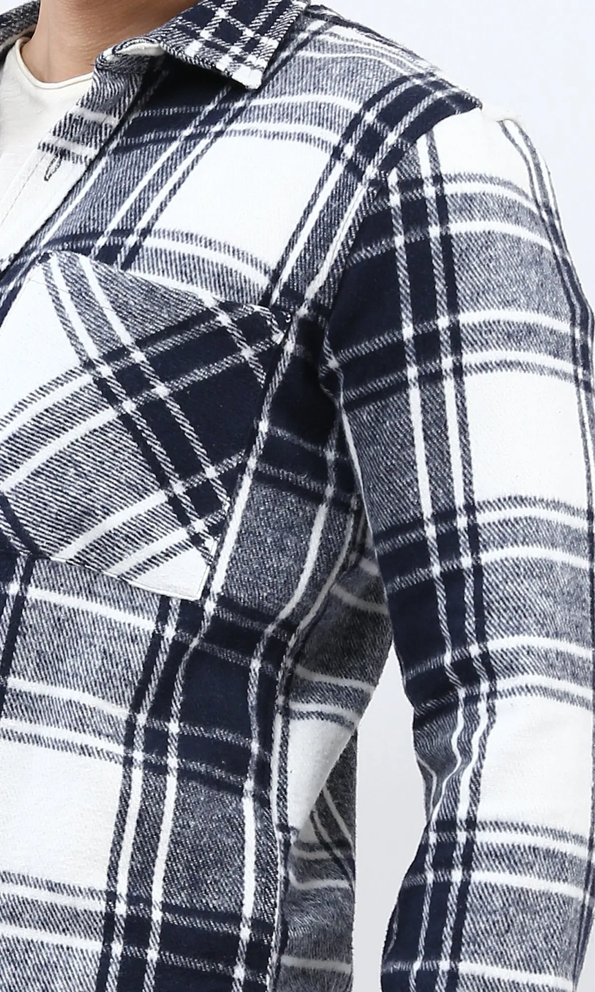 o200602 - Cotton Checkered Side Left Pocket Shirt - Navy & White