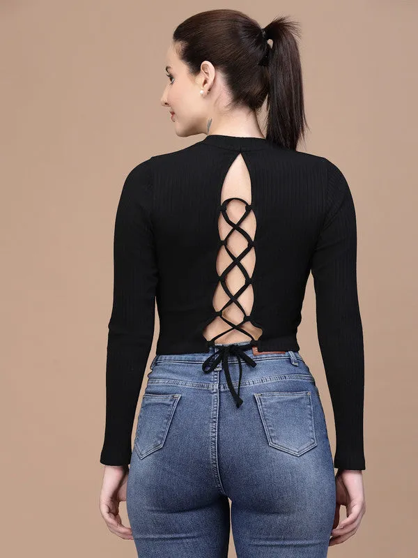 Odour Free High Neck Lace Up Women'S Full Sleeves Black Top
