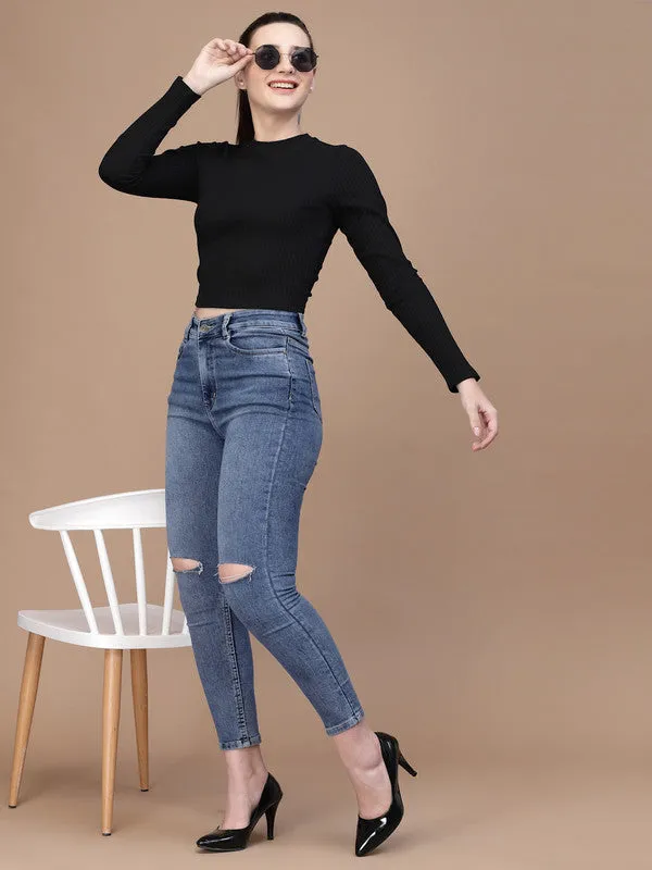 Odour Free High Neck Lace Up Women'S Full Sleeves Black Top