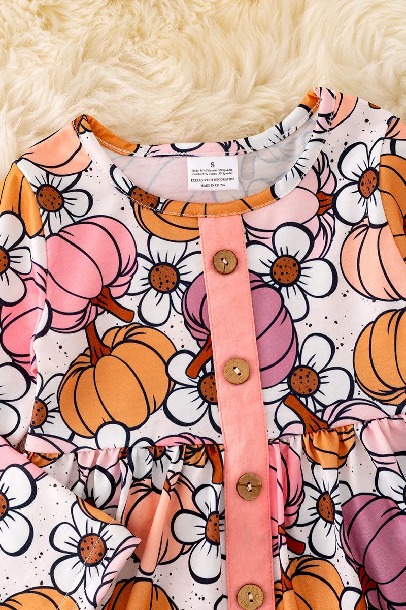 OFG41510 NEY: Floral-pumpkin multi printed tunic & pink leggings.