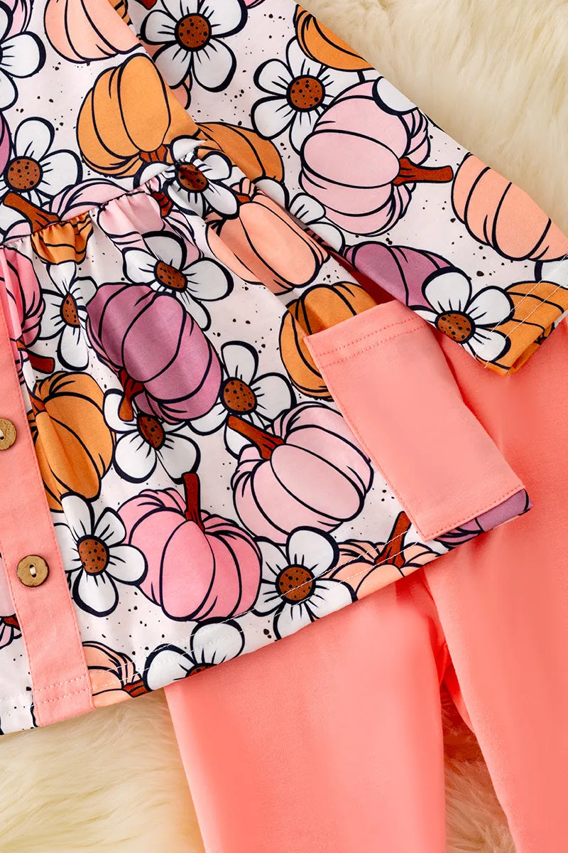 OFG41510 NEY: Floral-pumpkin multi printed tunic & pink leggings.