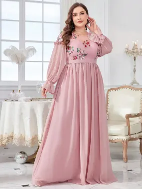 Pink Plus Size Floral Embroidery Chiffon Evening Gown