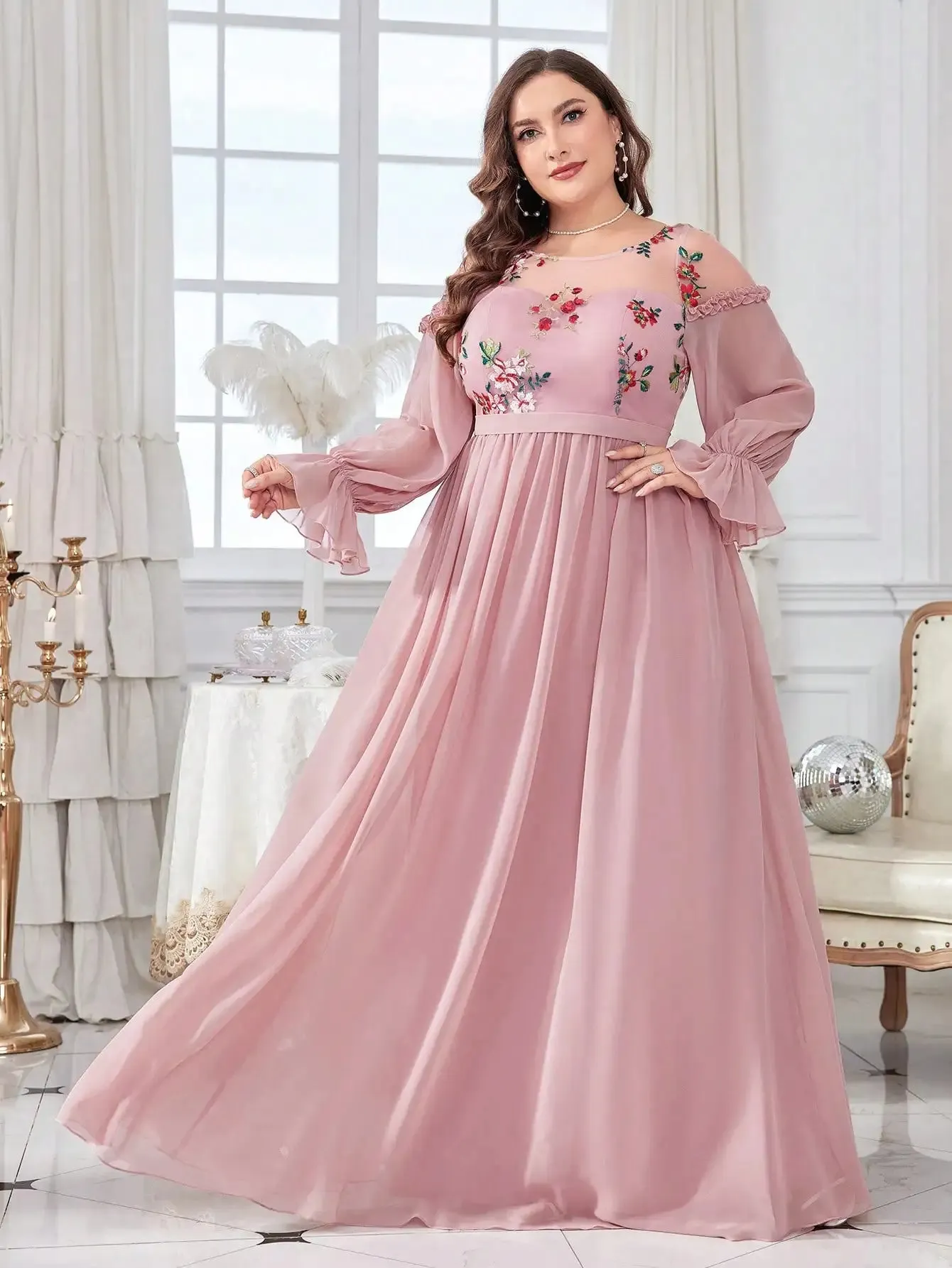 Pink Plus Size Floral Embroidery Chiffon Evening Gown