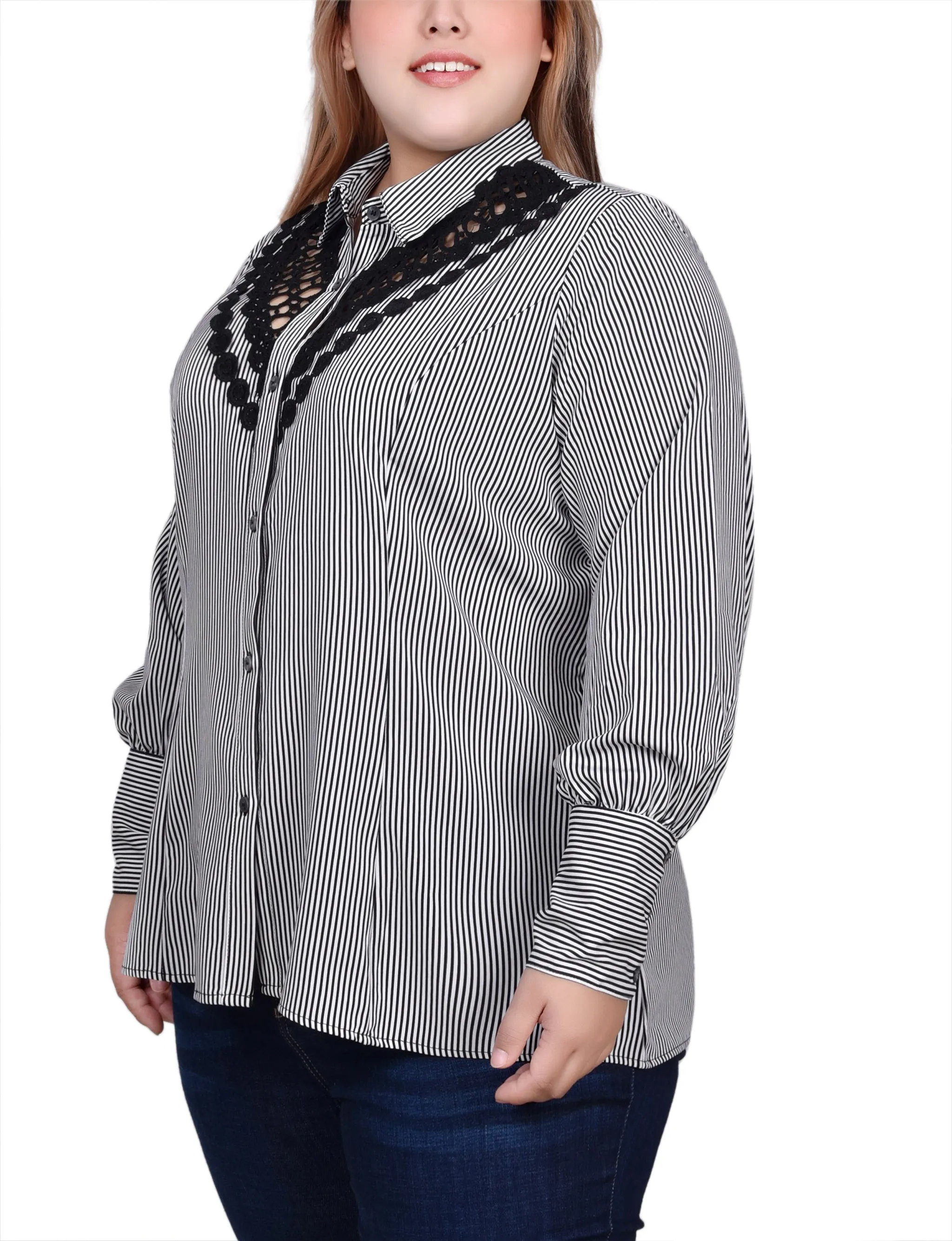 Plus Size Long Sleeve Crochet Trimmed Blouse