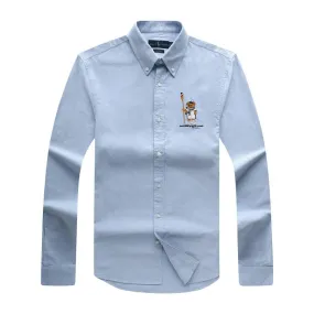 PRL Men's Cotton Bear Logo Embroidered Blue Button Down Shirt