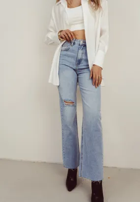SALE - LESTER Ripped Cut Off Wide Leg Jeans in Blue