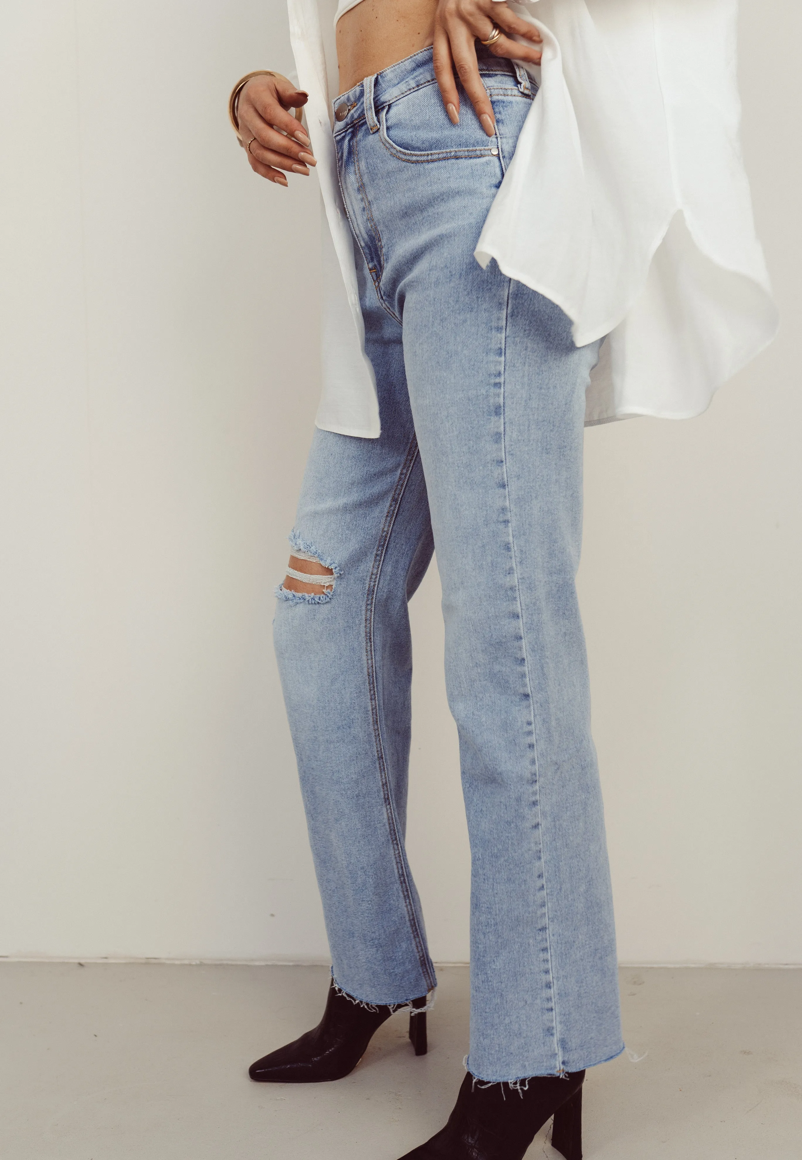 SALE - LESTER Ripped Cut Off Wide Leg Jeans in Blue