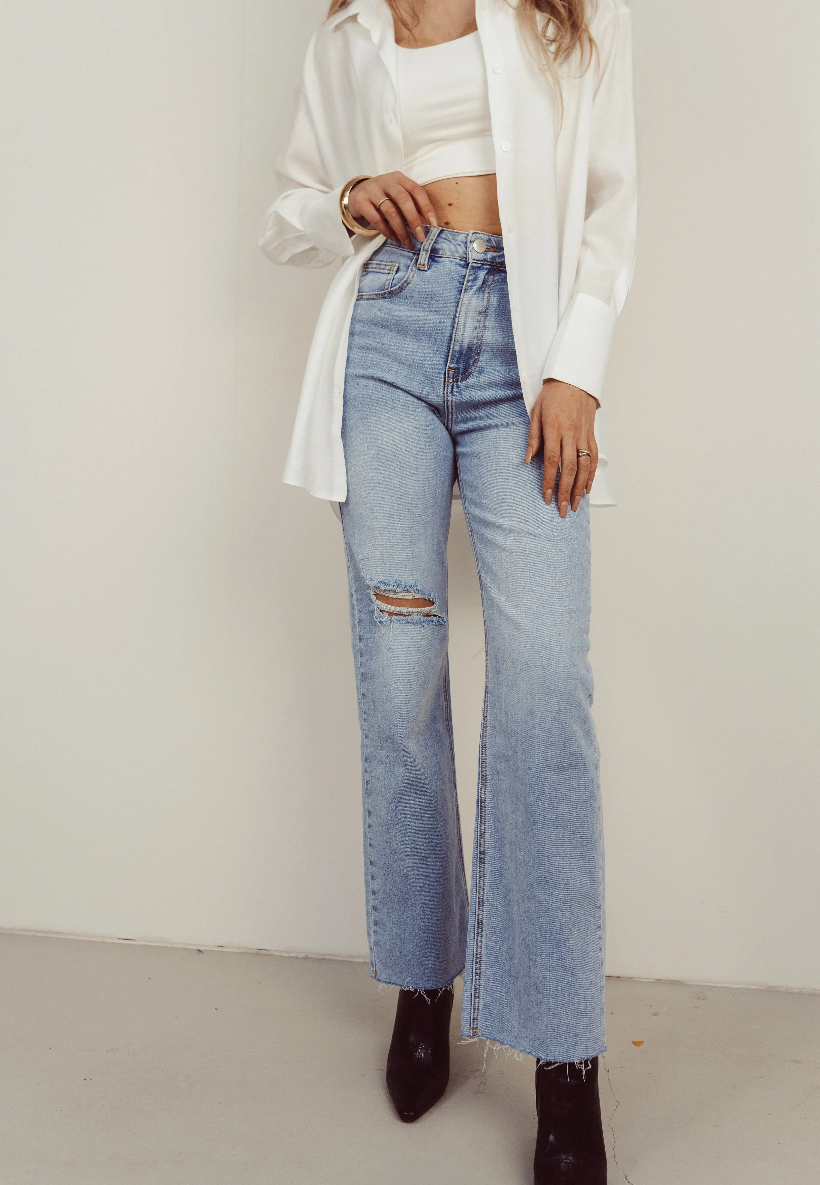 SALE - LESTER Ripped Cut Off Wide Leg Jeans in Blue