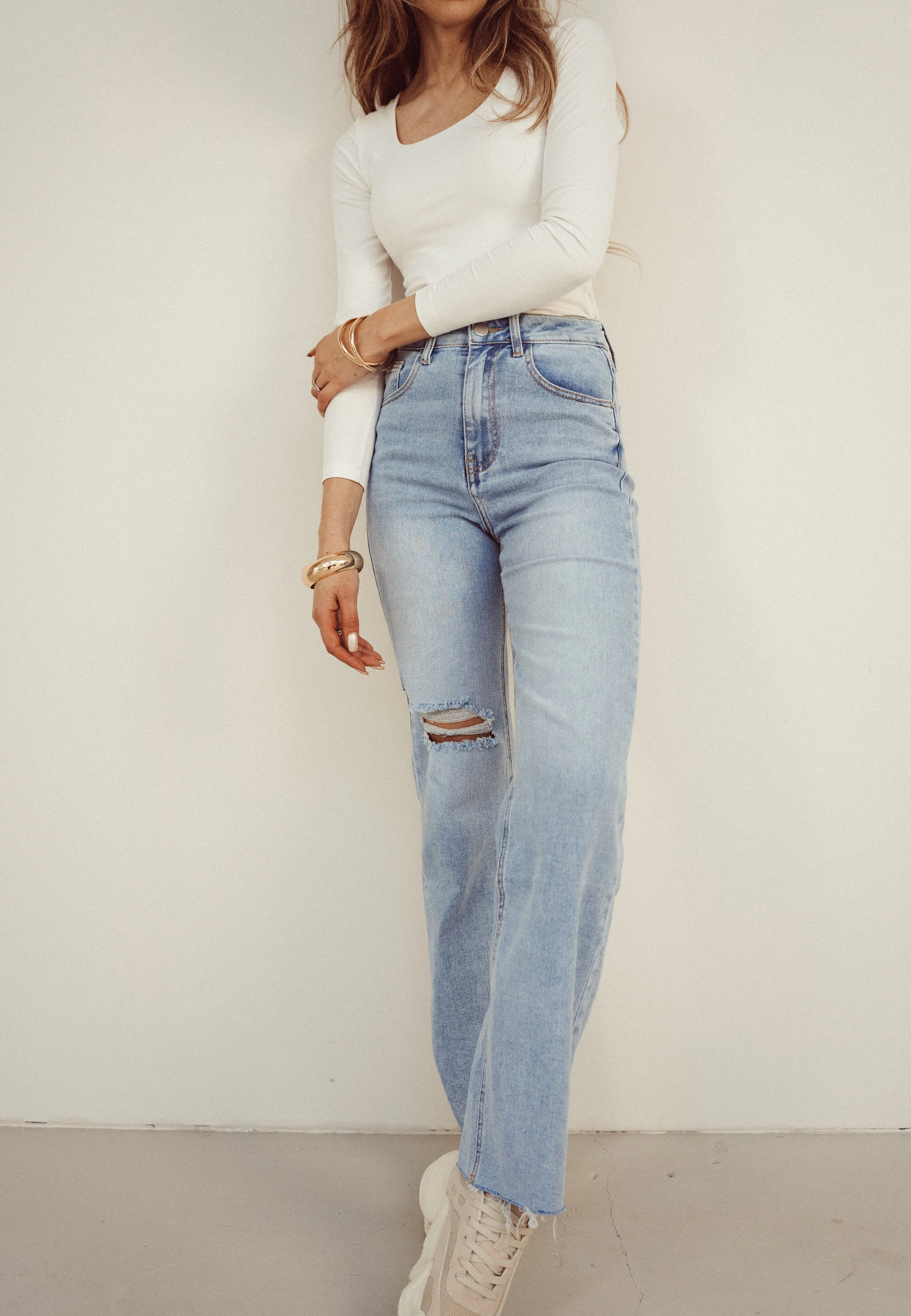 SALE - LESTER Ripped Cut Off Wide Leg Jeans in Blue