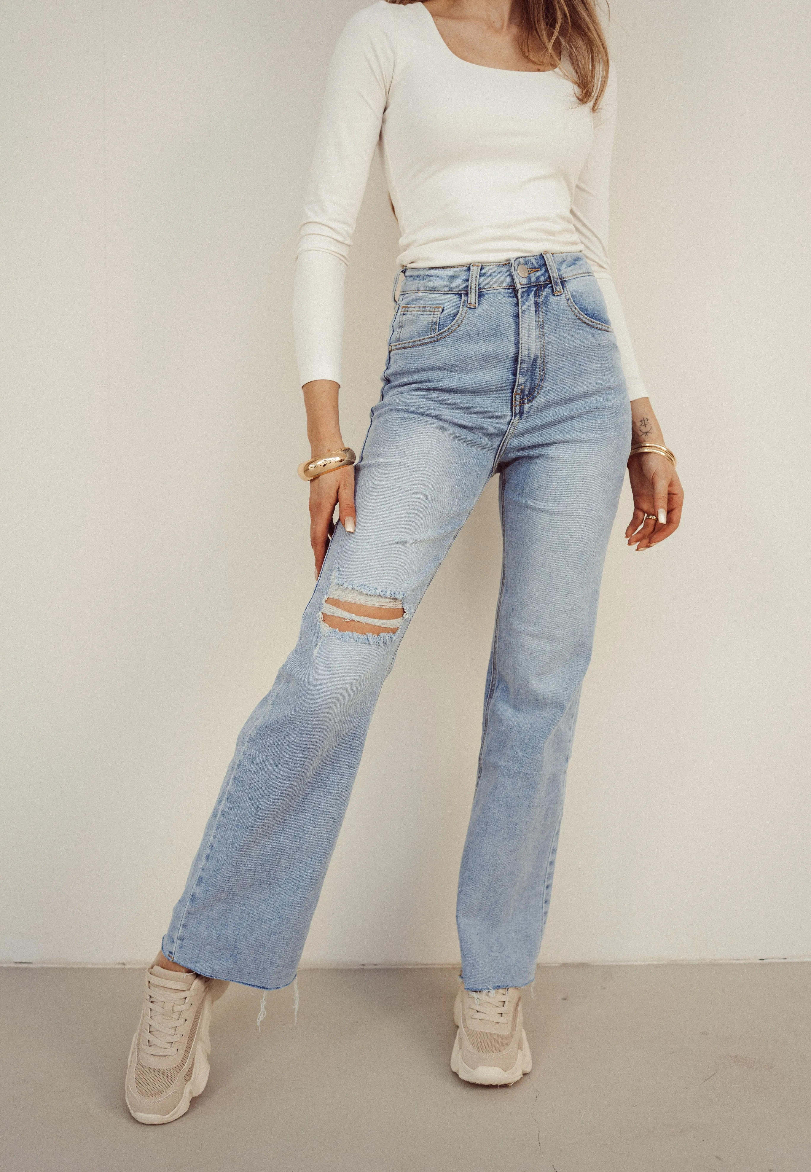SALE - LESTER Ripped Cut Off Wide Leg Jeans in Blue