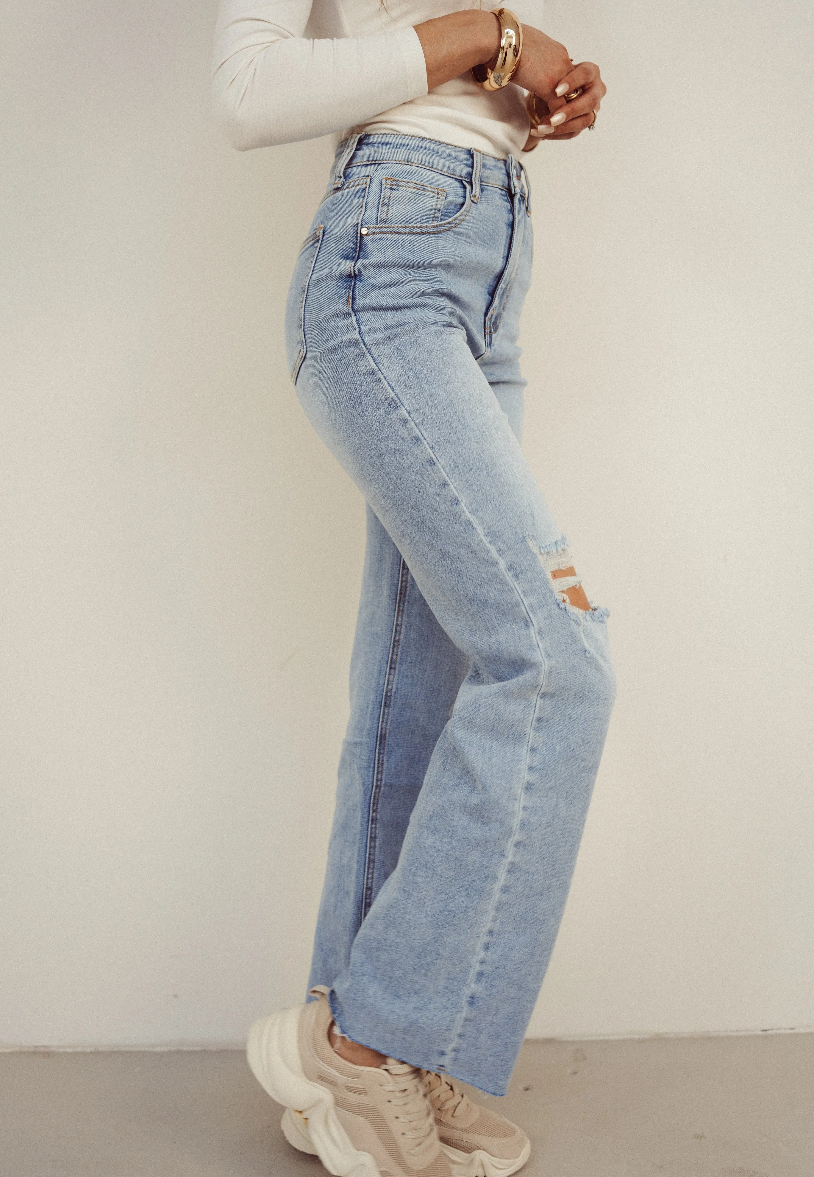 SALE - LESTER Ripped Cut Off Wide Leg Jeans in Blue