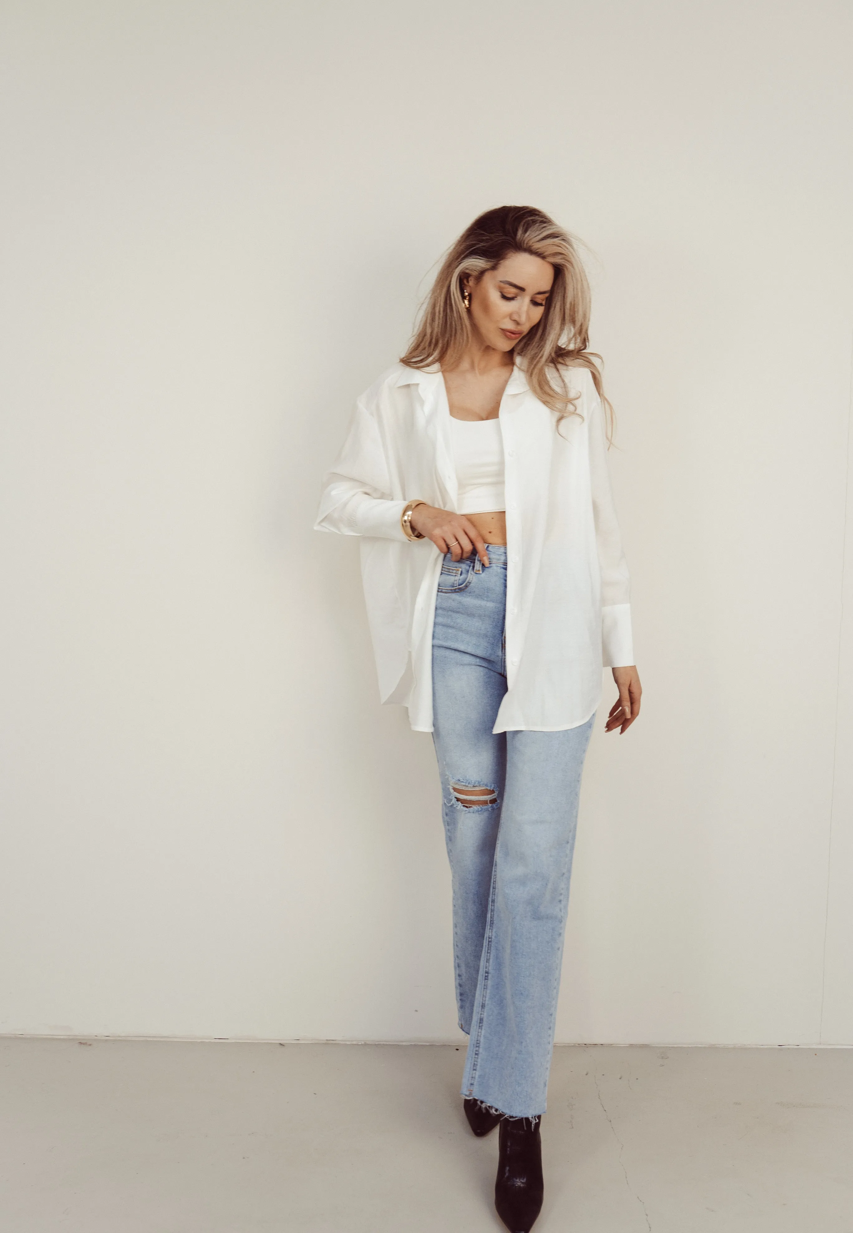 SALE - LESTER Ripped Cut Off Wide Leg Jeans in Blue