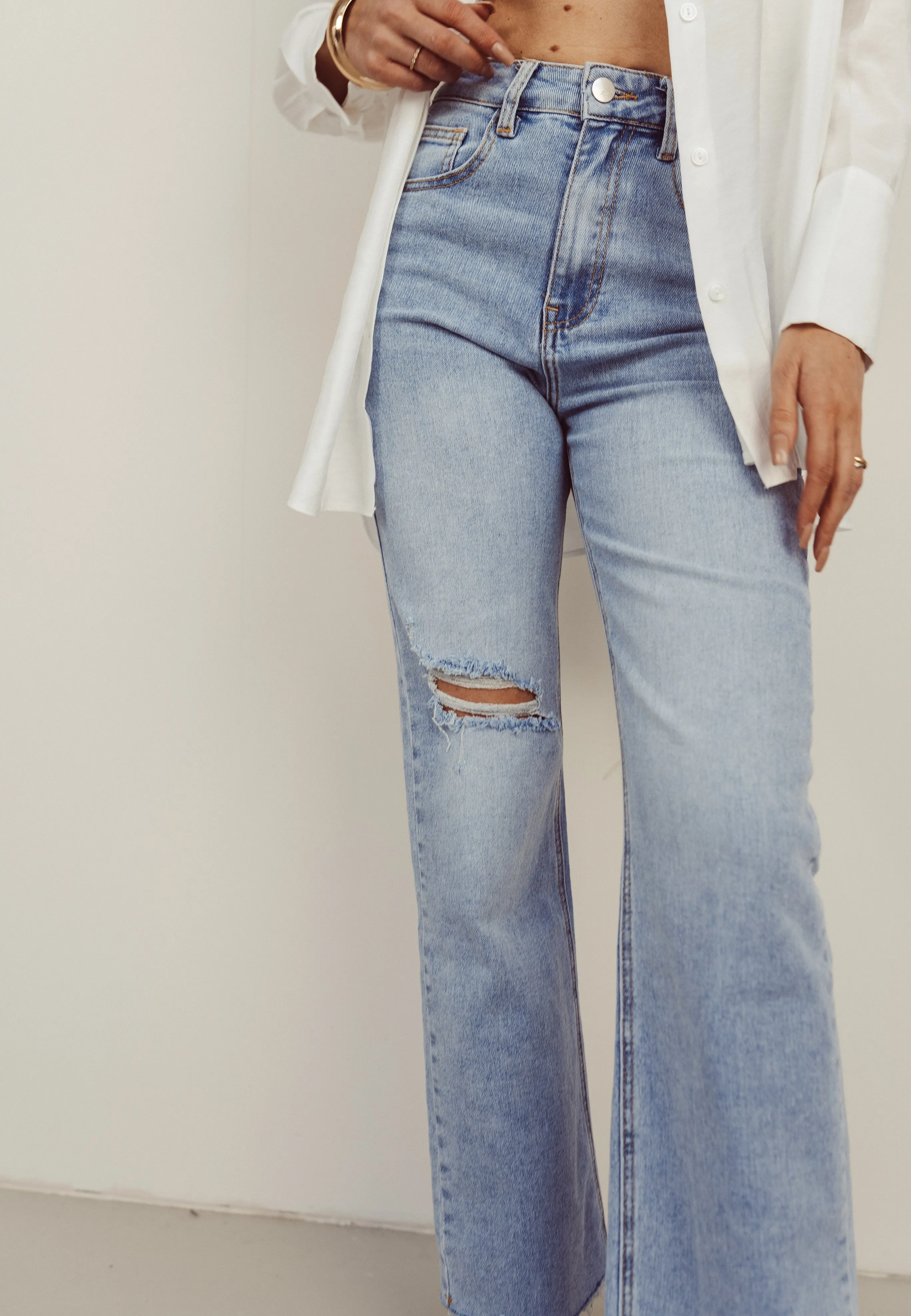 SALE - LESTER Ripped Cut Off Wide Leg Jeans in Blue