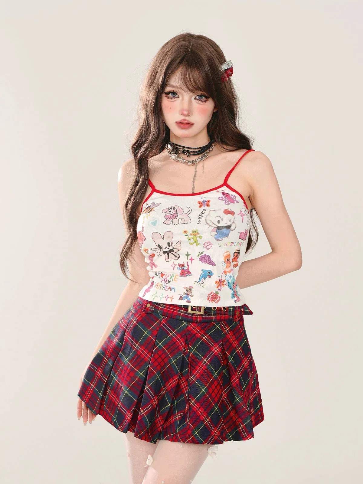 Short Design Belt Skirt Check