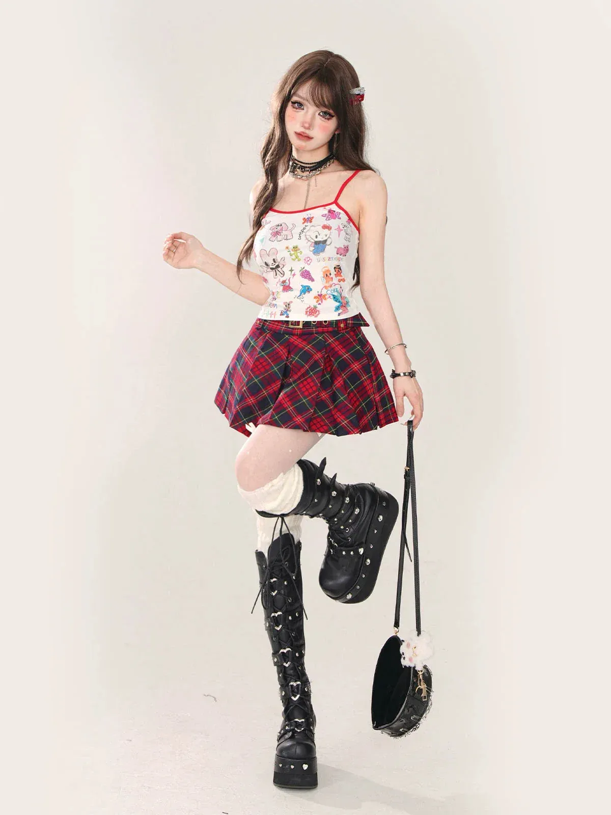 Short Design Belt Skirt Check