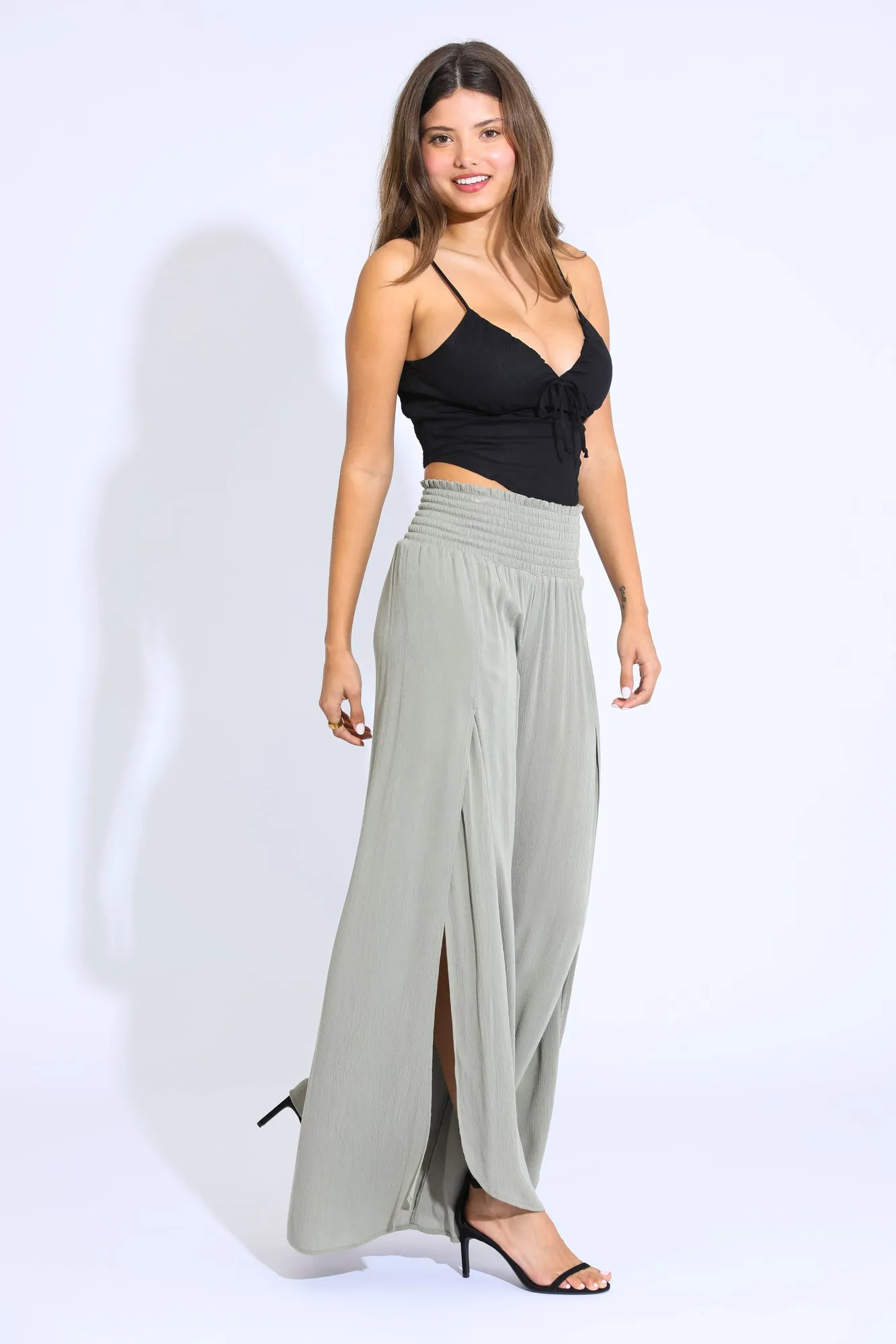SMOCKED FRONT WRAP WIDE LEG PANT - TREE LEAF