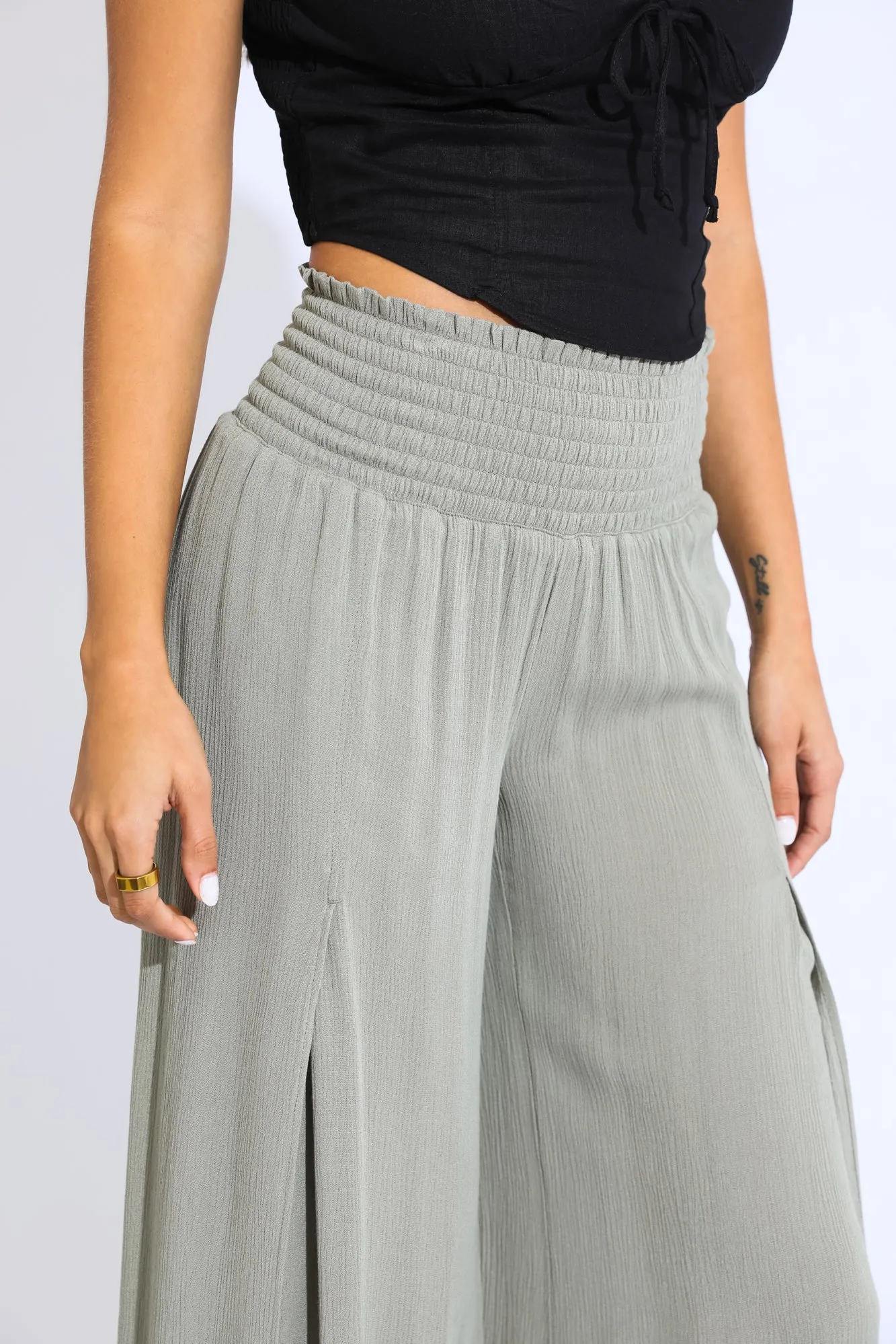 SMOCKED FRONT WRAP WIDE LEG PANT - TREE LEAF