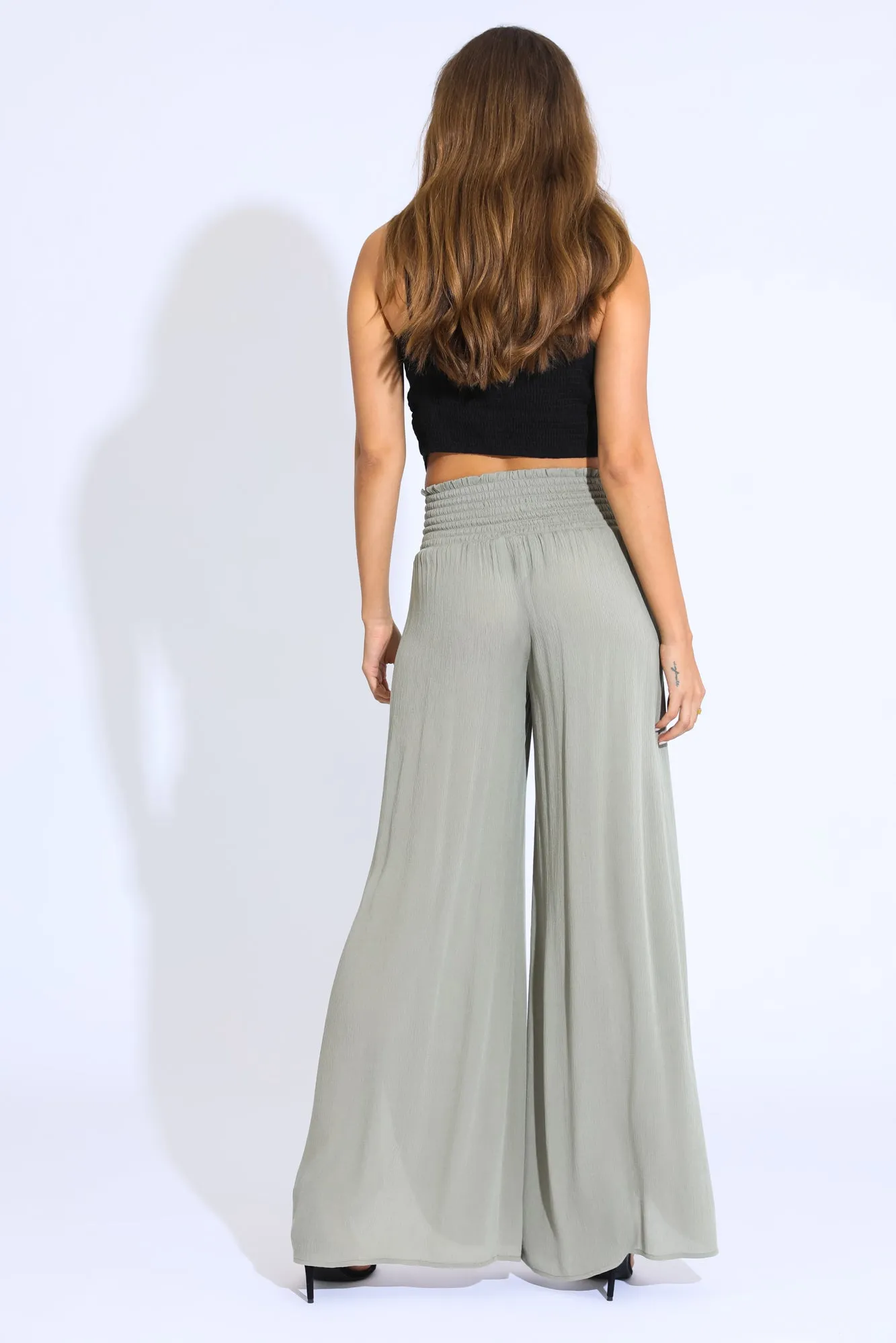 SMOCKED FRONT WRAP WIDE LEG PANT - TREE LEAF