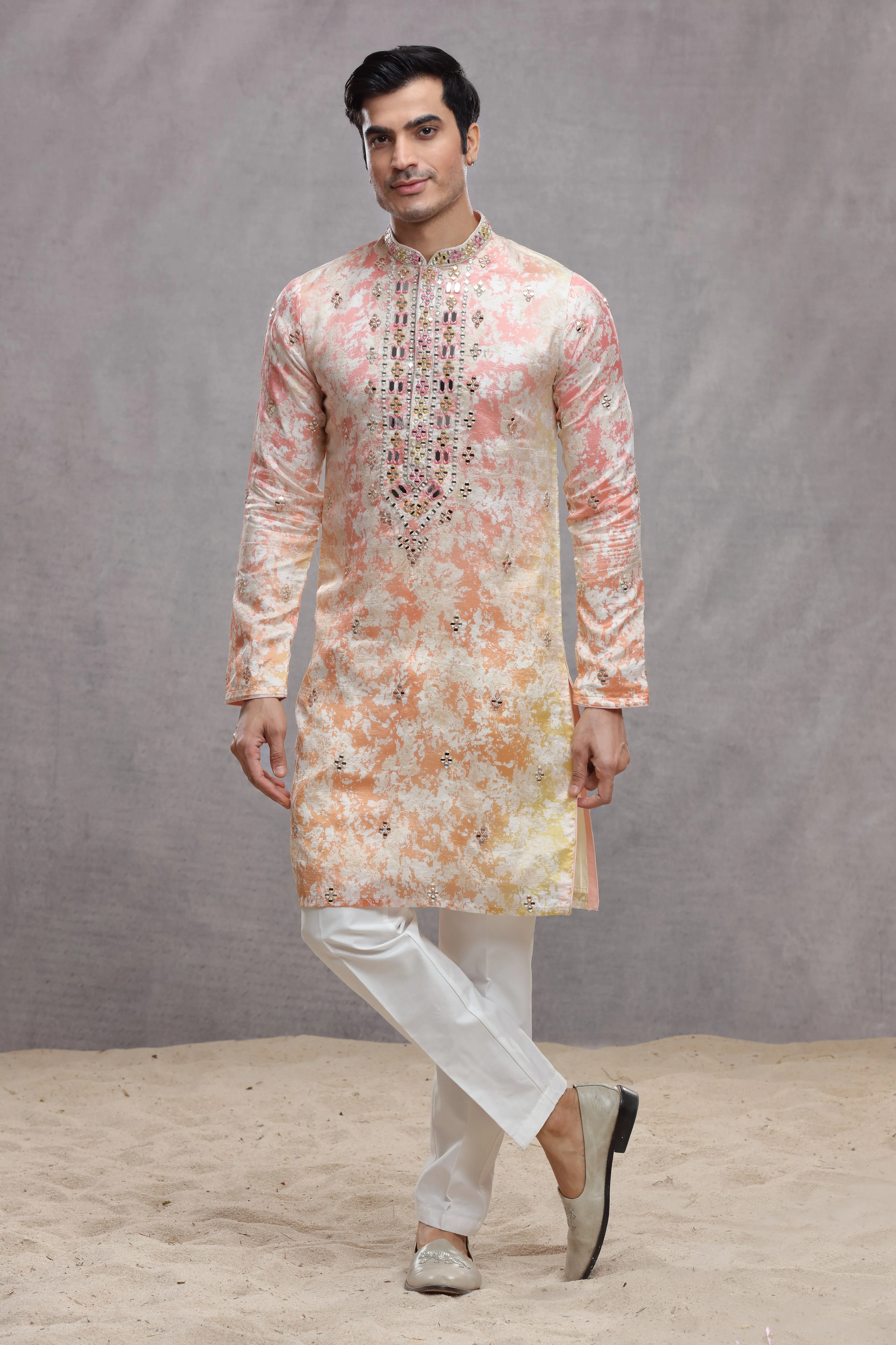 Tie and Dye Ombre Silk Kurta with Mirror Work