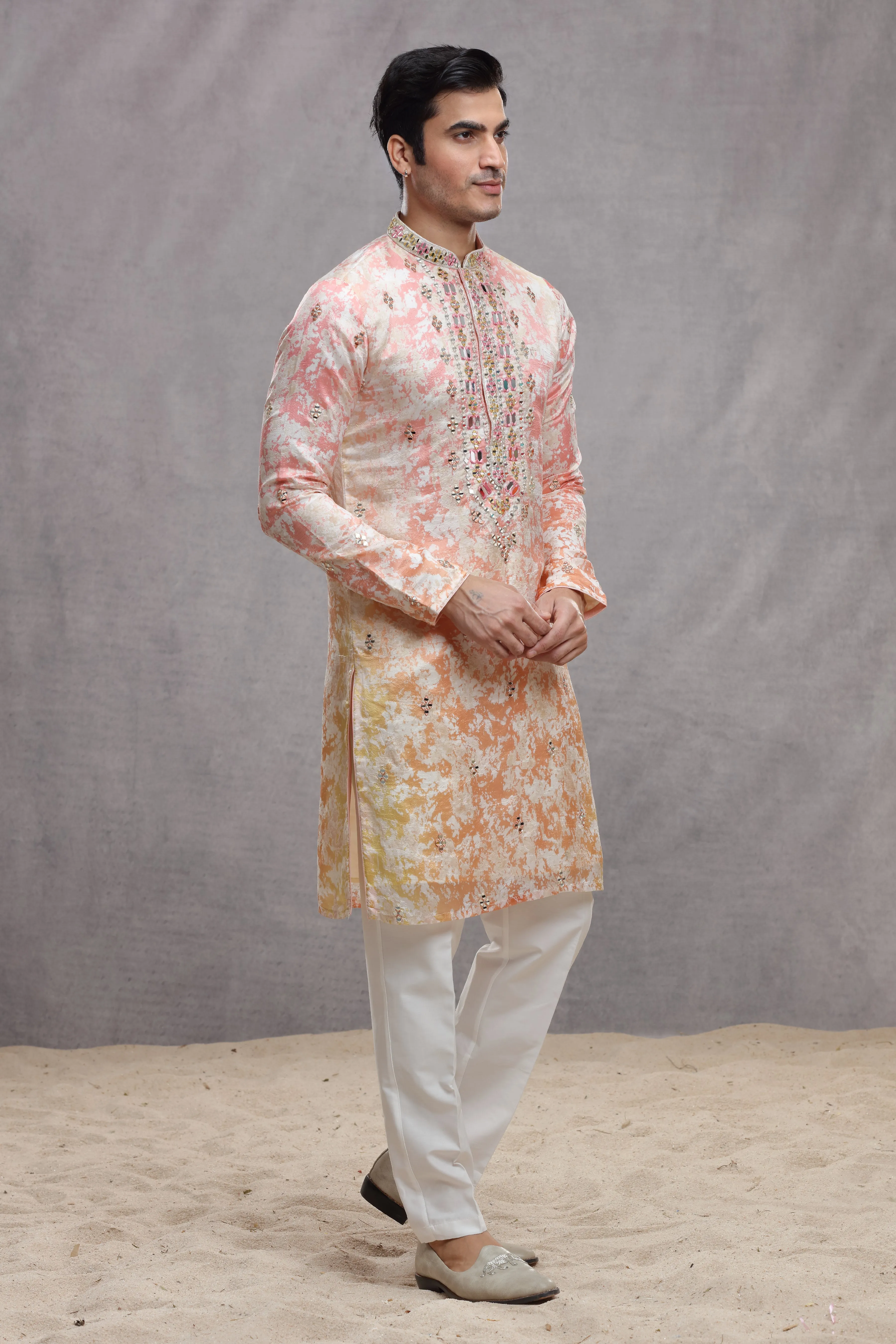 Tie and Dye Ombre Silk Kurta with Mirror Work