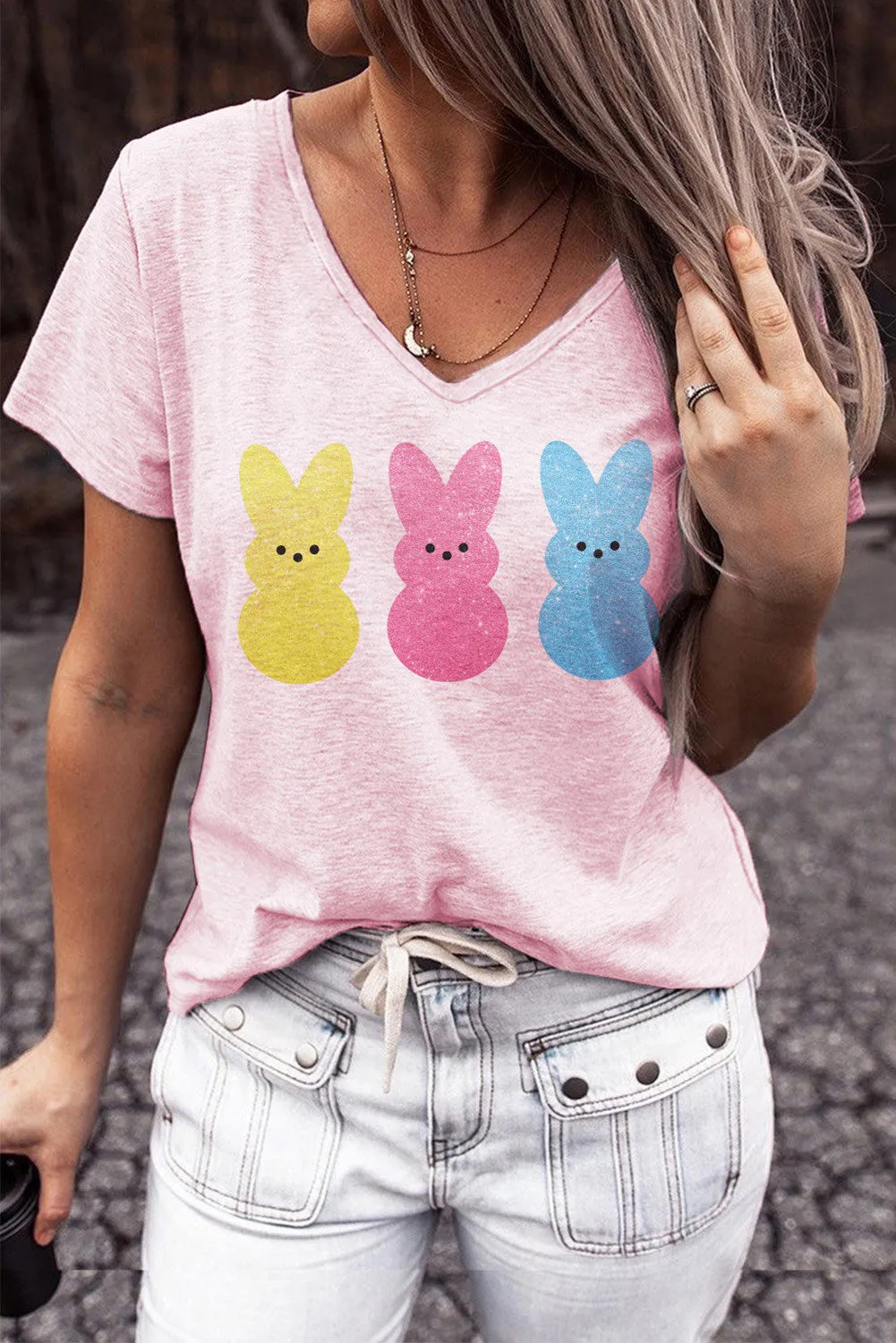 V Neck Easter Rabbit Print T Shirt Short Sleeve Top for Women
