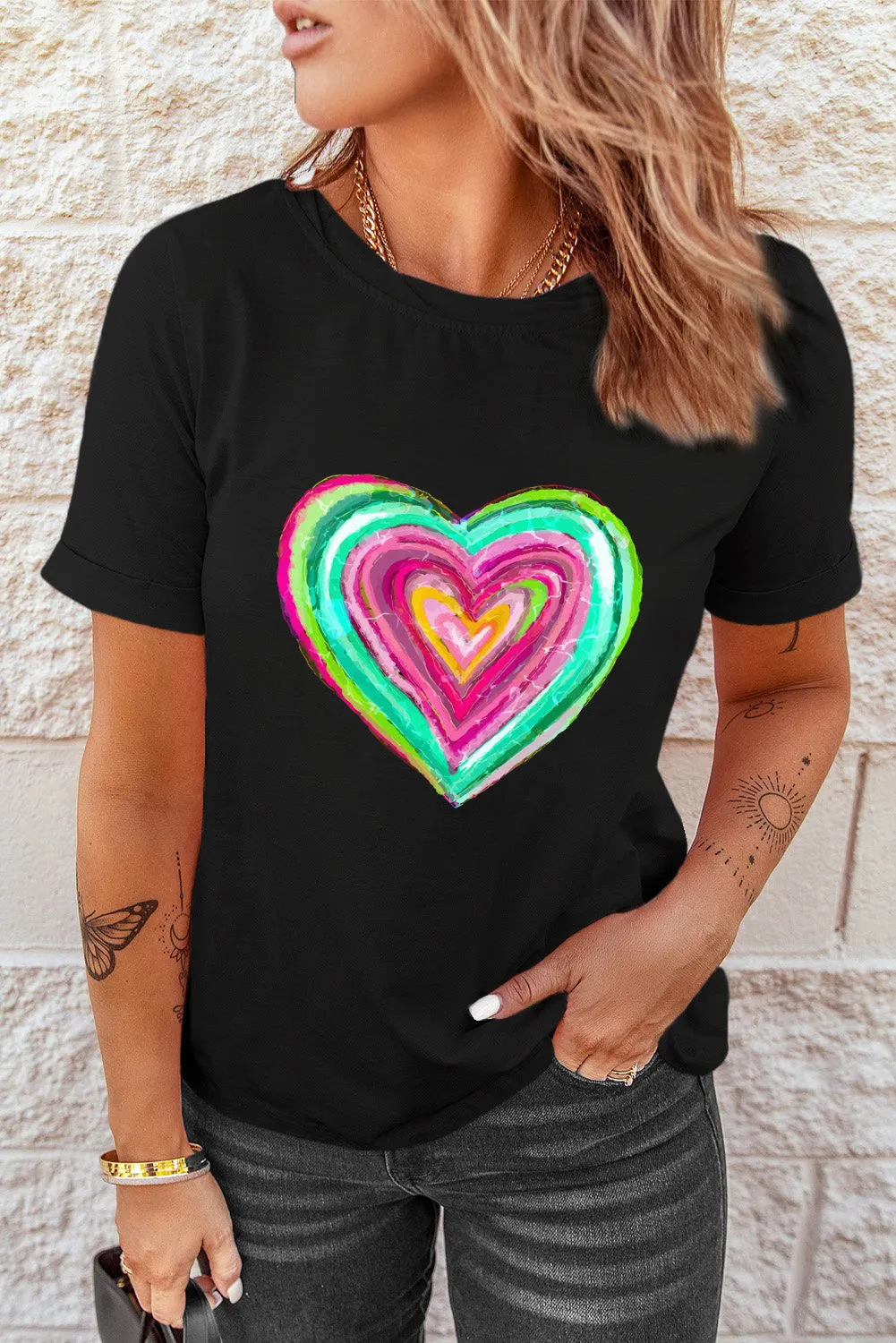 Valentines Day Shirts Heart Shaped Print Crew Neck T Shirt